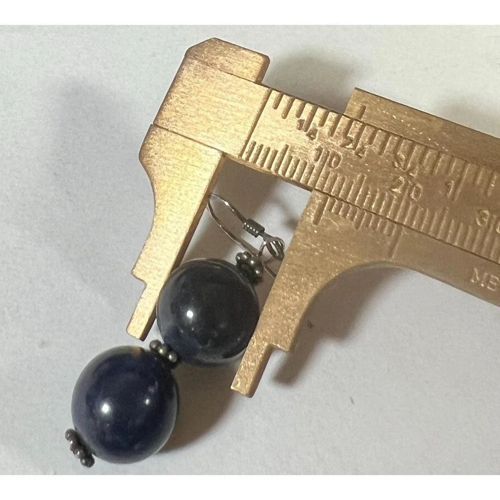 Vintage 925 Sterling Earrings Dark Blue Marbled Beaded Gemstone Dangle Hook 1.5'